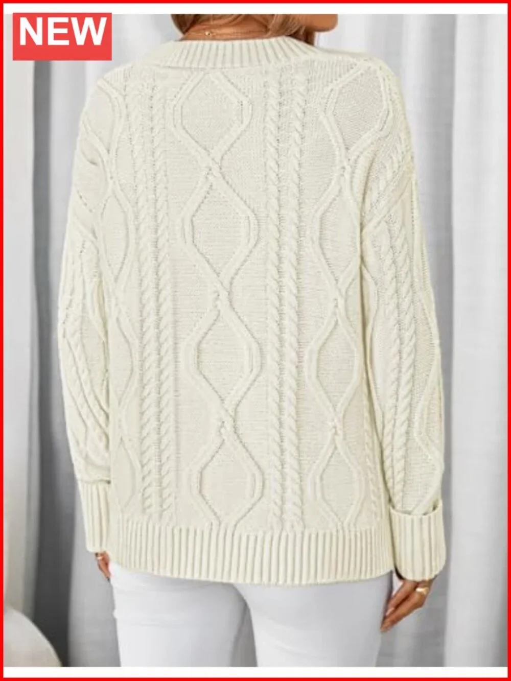 Cable Knit V-Neck Oversized Sweater Long Sleeve Pullover